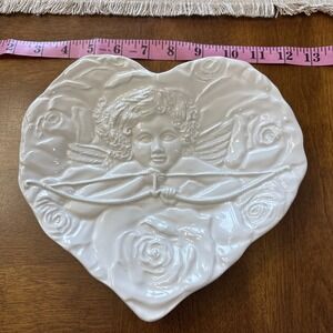 Heart Shaped Plate Cupid Cherub w/ Bow Ivory Ceramic Valentine Made In Italy 9"